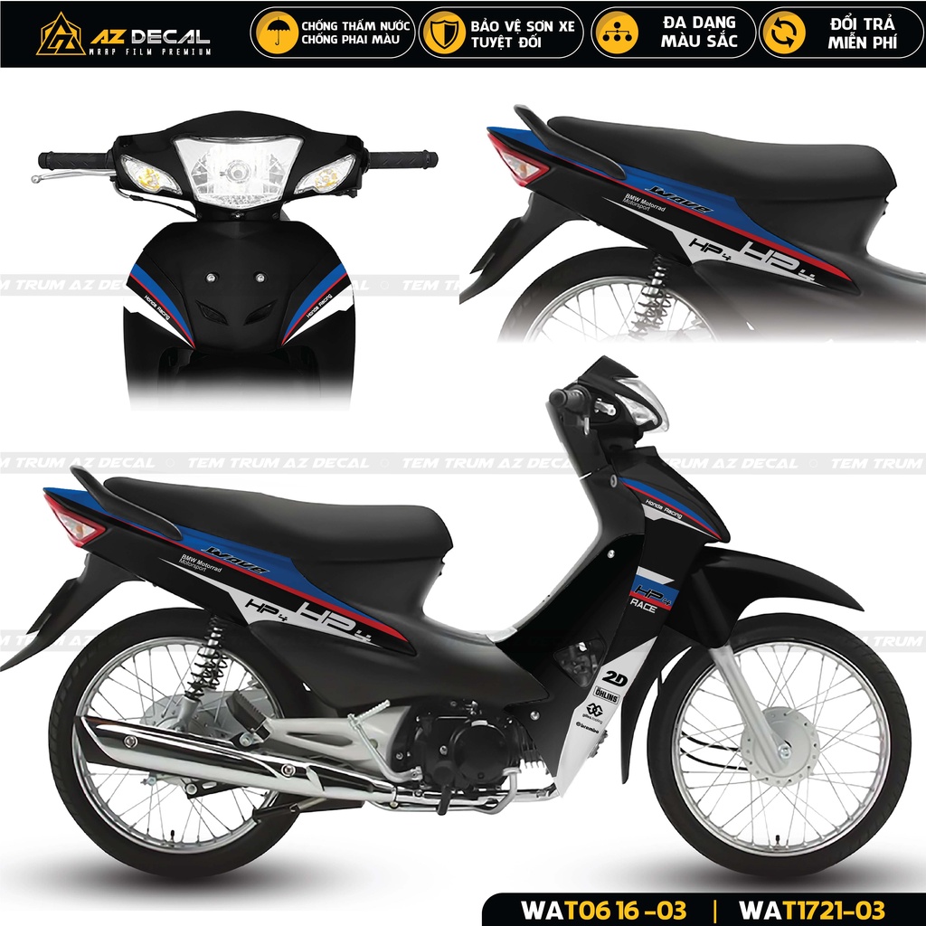 Tem Trùm Wave 110 100 Đẹp Thiết Kế HP4 Chọn Màu | WAT-03 | Tem Decal Dán Xe Wave Alpha Đen Trắng Đỏ Chất Liệu Cao Cấp
