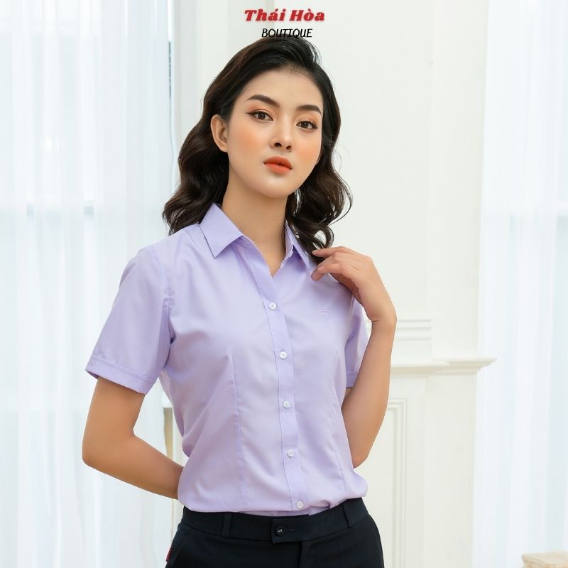 Áo sơ mi nữ tay ngắn đẹp kiểu công sở bigsize màu tím cotton Thái Hoà N047-08-01