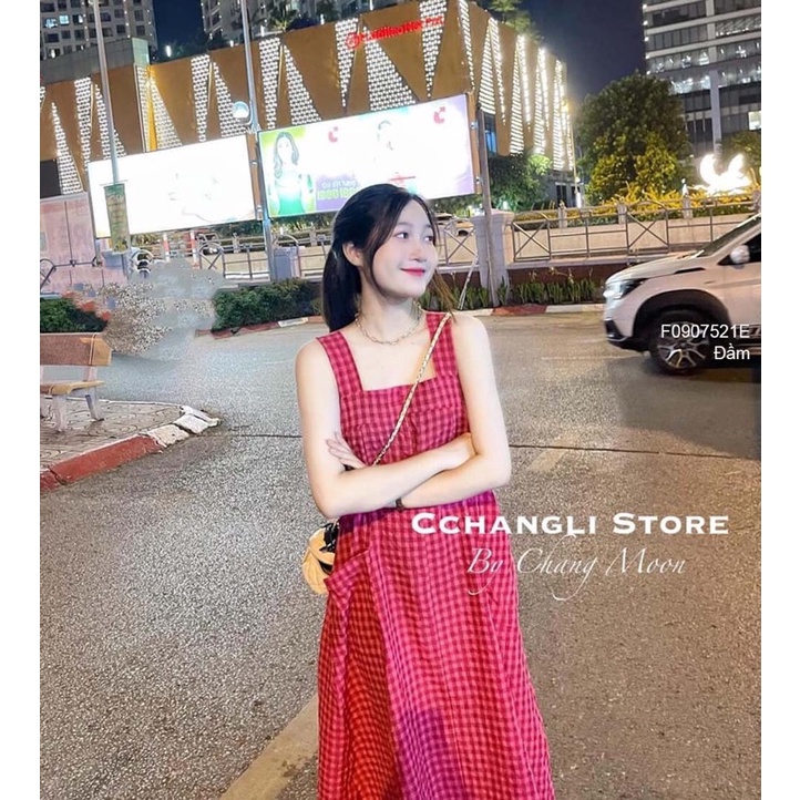 Đầm đũi caro hai dây bảng to túi hai bên TT0907