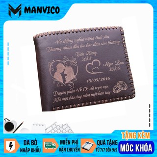 Ví da bò khắc tên, ví da nam da bò thật 100%, đựng thẻ xe và các giấy tờ mới và cũ, bảo hành 12 tháng