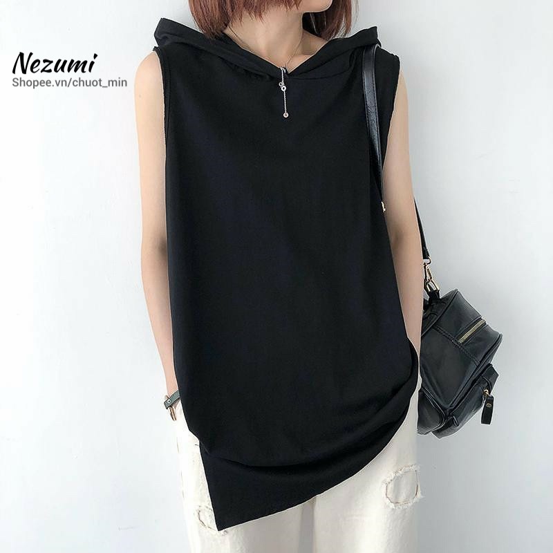 ÁO TANK TOP COTTON 95% UNISEX NAM NỮ CÓ MŨ RÁCH GẤU TẠO LAYER TÀ LỆCH ĐEN TRẮNG