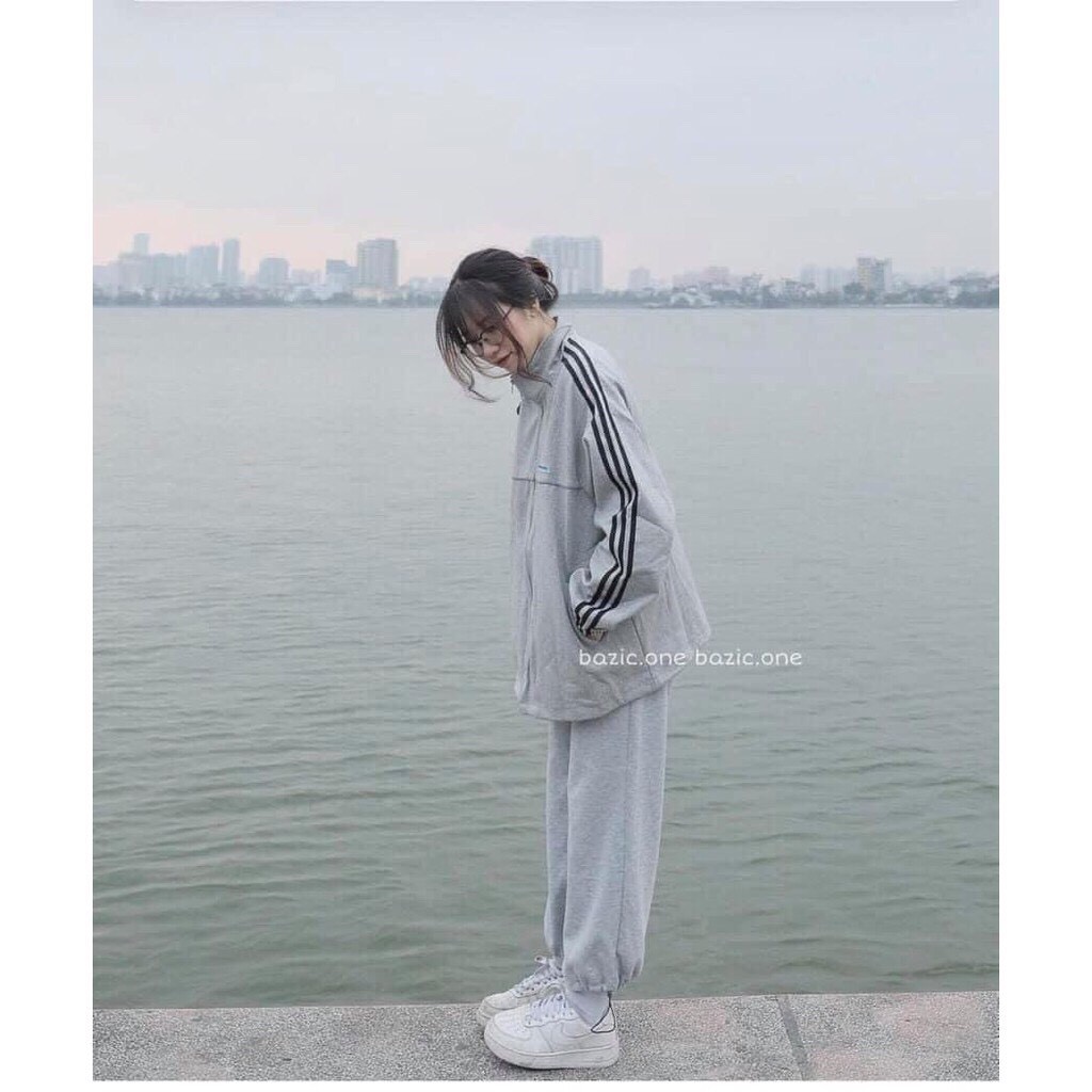 Bộ Nỉ Xám Kéo Khoá Trend Năm Nay - Bộ Nỉ Cotton Mịn Đẹp, Form Thụng, Quần Dây Rút - Set Nỉ Adidas | BigBuy360 - bigbuy360.vn