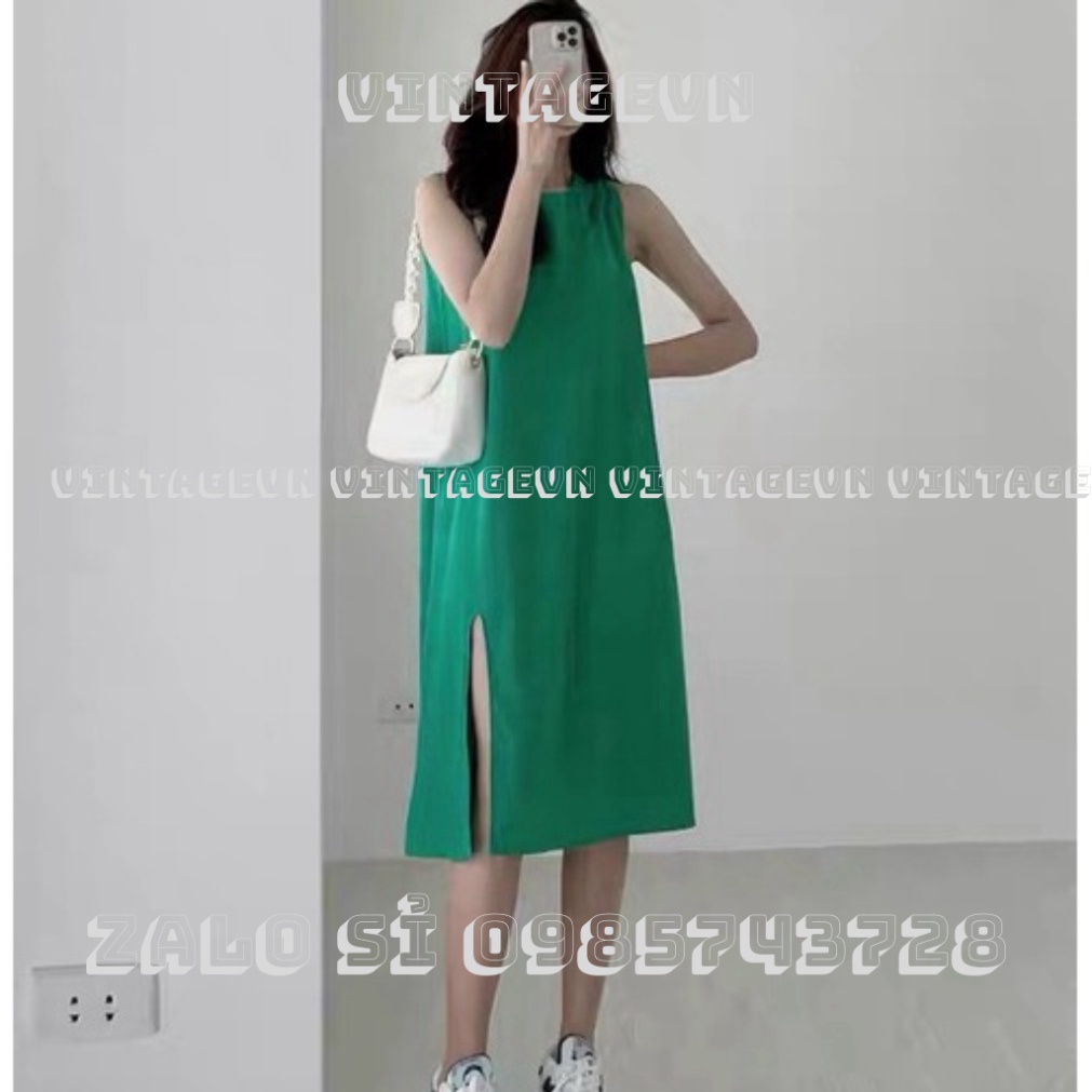 Váy sát nách vai suông dáng xoè Đầm trơn vintage dáng dài vintagevn