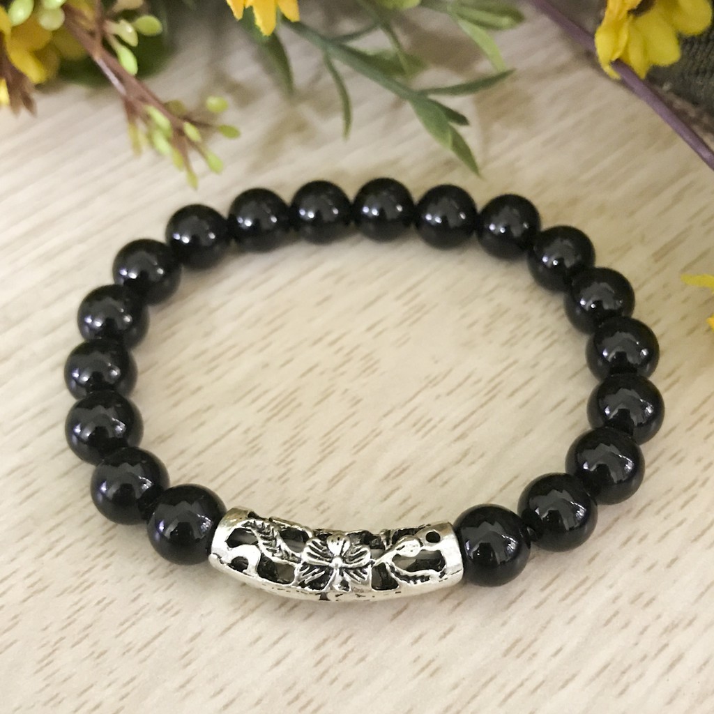 Vòng Tay Cho Mệnh Thủy ( Mộc ) - Vòng Tay Nữ Mã Não Đen 8mm Mix Charm Cầu Bạc V344D-8