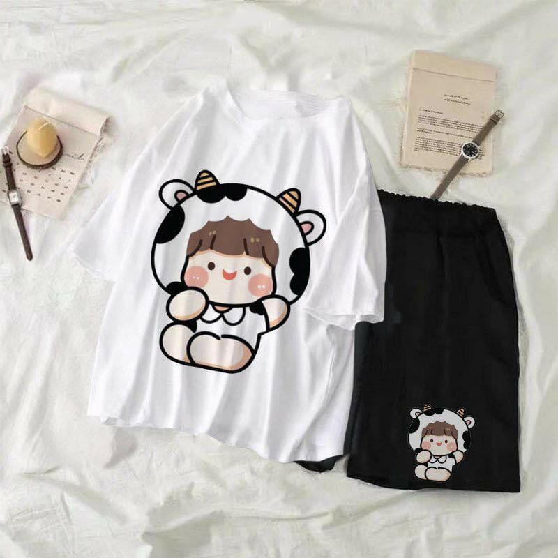 SÉT Đồ bộ  Áo Bò Sữa Milk + quần short ;  set áo thun tay lỡ kèm quần đùi Unisex phong cách Ullzzang Hàn Quốc