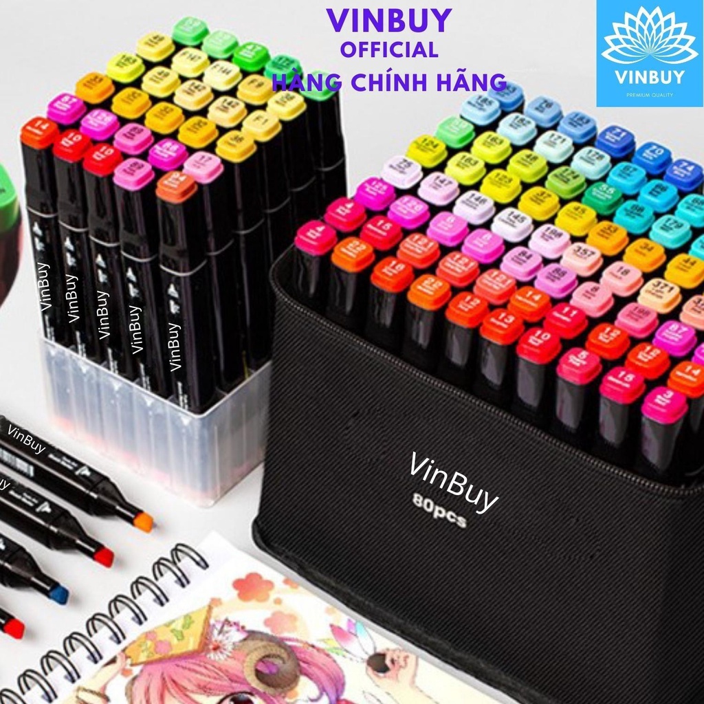 Bút màu Marker Vinbuy họa cụ tô màu dạ vẽ tranh anime, Bộ túi vải có khay đựng, bộ 30/40/60/80 màu - Tặng 02 Bút Line