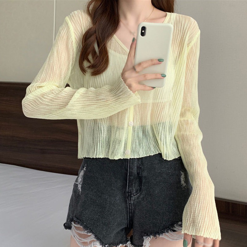 Áo dệt kim tay dài cổ chữ v thời trang mùa hè thích hợp cho nữ