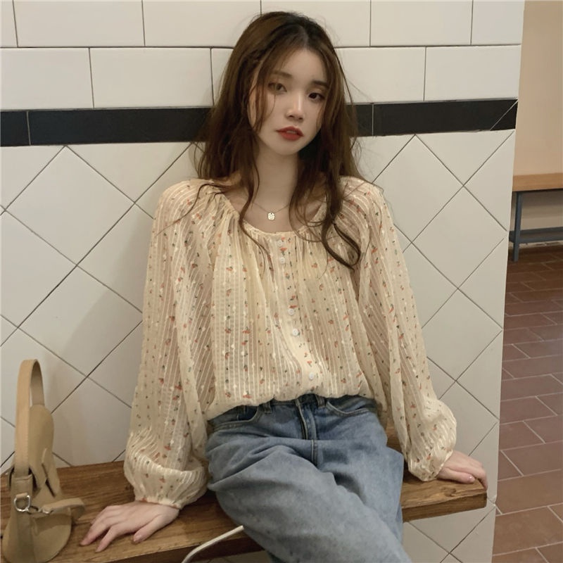 Áo Nữ Tay Dài Cổ Tròn In Hoa Phong Cách Vintage