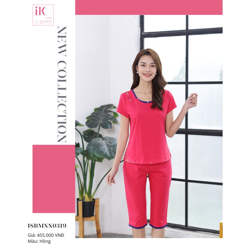 Bộ đồ cotton mặc nhà IK cho nữ set đồ ngủ trơn phối viền cổ đơn giản trẻ trung chất vải cotton mềm mịn dáng ngố thỏa mái