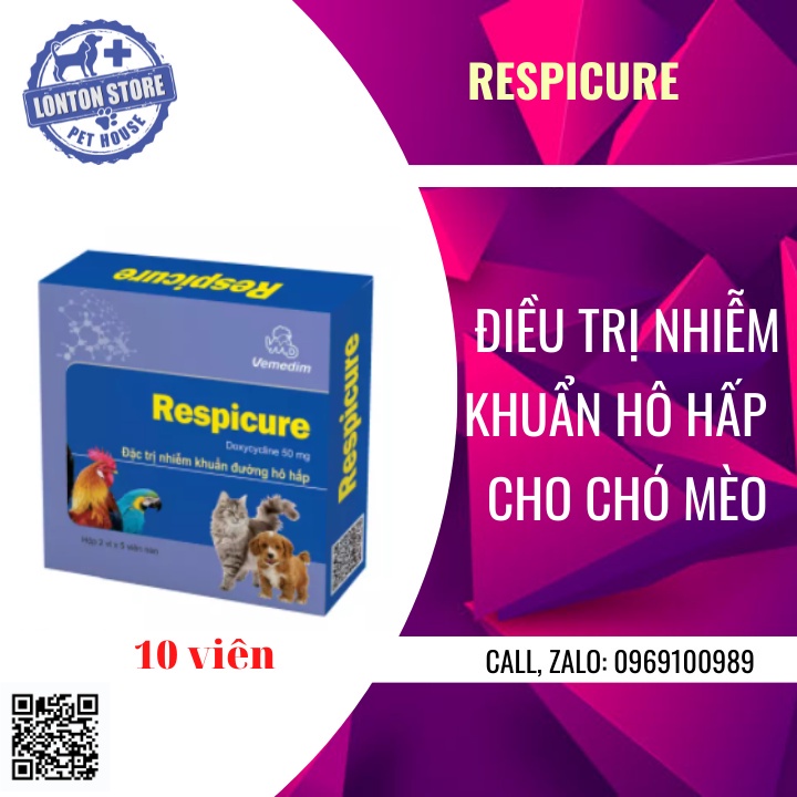 VEMEDIM Respicure dùng cho chó, mèo, chim cảnh, gà đá hô hấp, hộp 10 viên - Lonton store