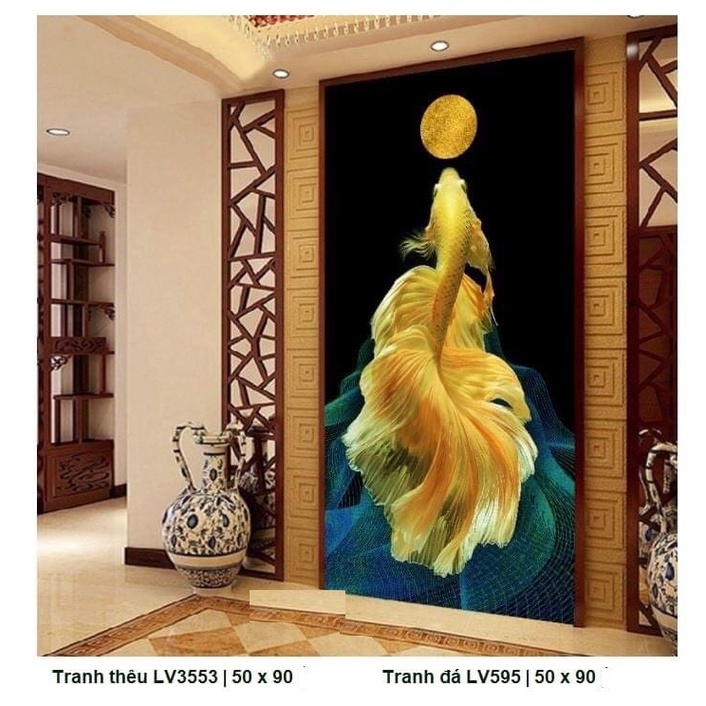 Tranh đính đá cá cửu nguyệt KT:50x90cm,tranh gắn đá chưa gắn.
