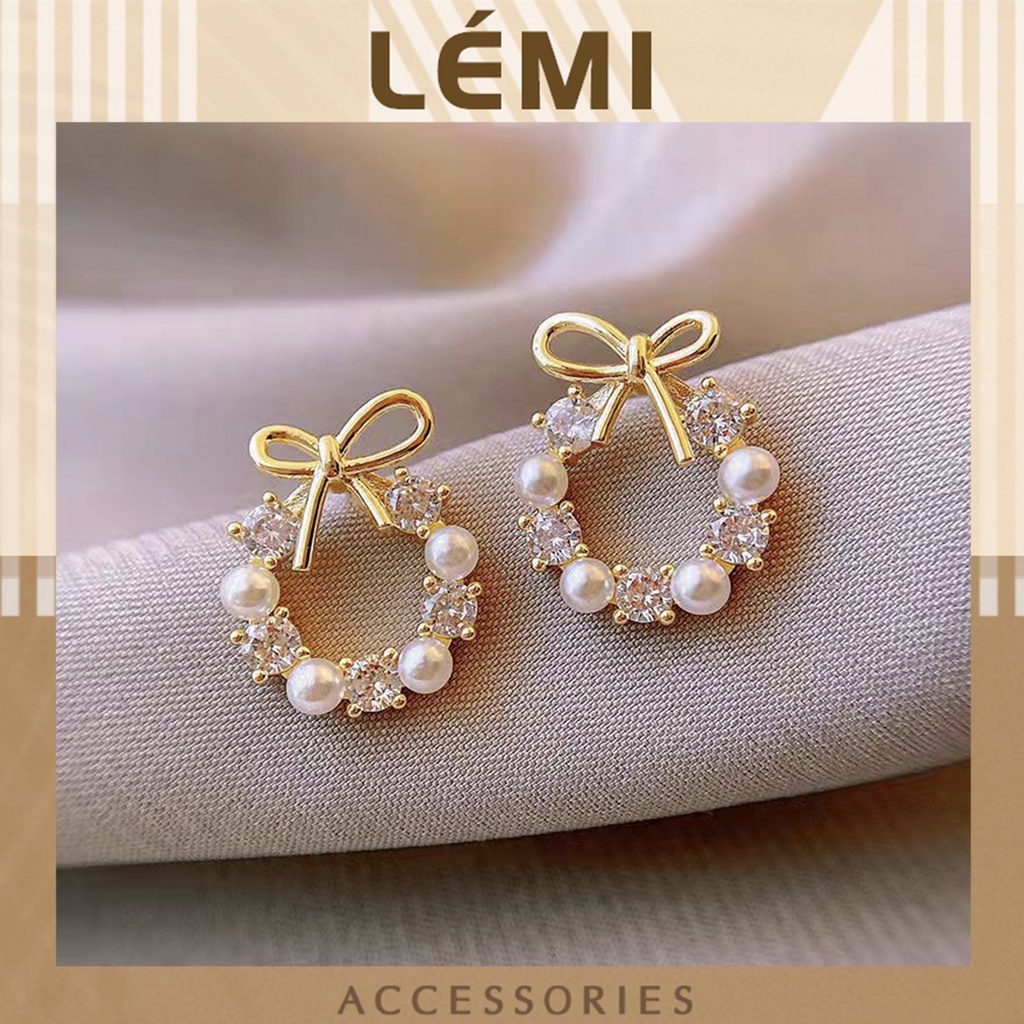 Bông tai nữ bạc 925 hình tròn đính đá mix nơ nhỏ xinh dễ thương thời trang Hàn Quốc Lemi accessories