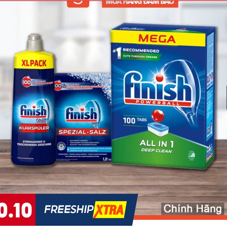 COMBO Viên rửa bát Finish All in 1 100v + Muối Finish 1,5kg + Bóng Finish 1150ml