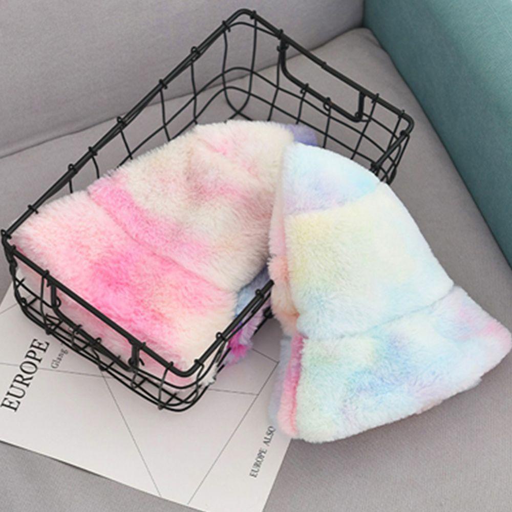Mũ Tai Bèo Chống Nắng Bằng Polyester Phối Lông Giả Màu Cầu Vồng Dễ Thương Giữ Ấm Mùa Thu Đông