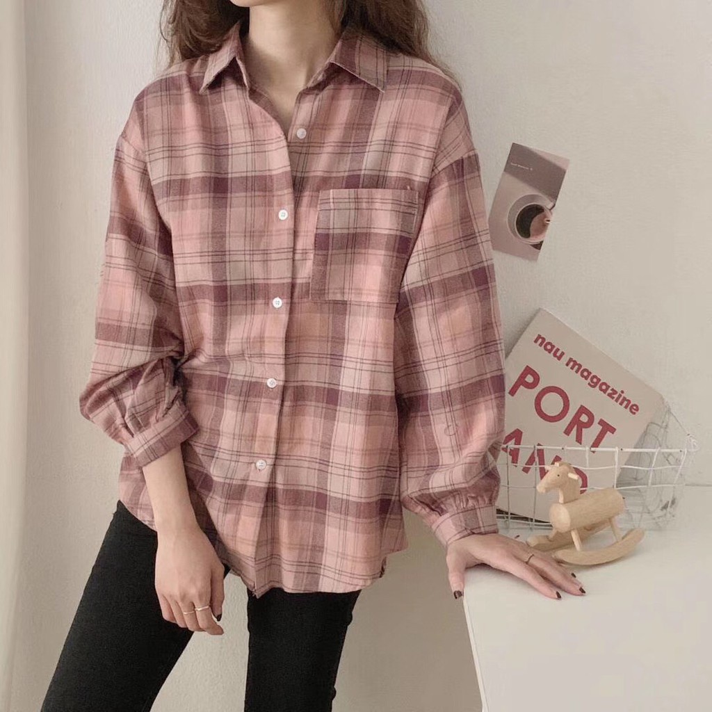 SƠ MI KẺ CARO ULZZANG OVERSIZE - ÁO SƠ MI TÚI NGỰC NHIỀU MÀU