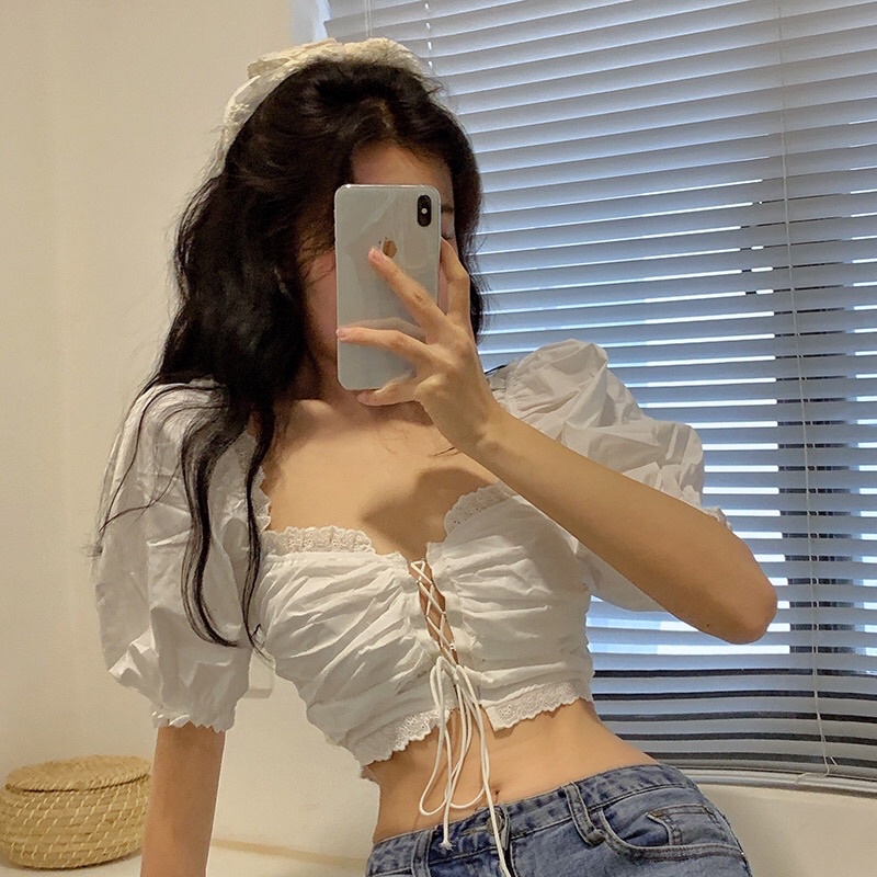 {HCM / CÓ SẴN} ÁO NỮ CROPTOP TAY BỒNG ĐAN DÂY NGỰC THỜI TRANG QUẢNG CHÂU ÁO KIỂU TRẮNG ĐAN DÂY NGỰC