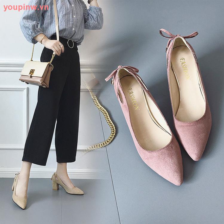 Giày cao gót da lộn mũi nhọn đính nơ phong cách Hàn Quốc có size lớn 41 42 cho nữ