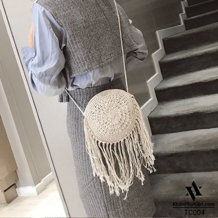 [NowShip - Giao Ngay] Túi Cói Boho Vintage Đeo Vai, Đeo Chéo Hình Tròn Đính Tua Rua Màu Nâu Be Trơn