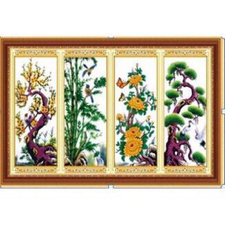 Tranh thêu chữ thập tứ quý Mai lan cúc trúc kt 40*100*4