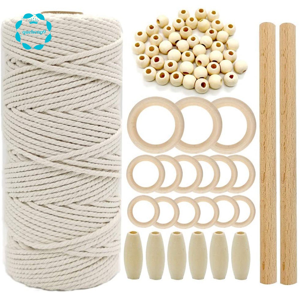 Bộ dụng cụ tự làm macrame treo tường gồm vòng gỗ và dây cotton tự nhiên 3mm trang trí đa dụng