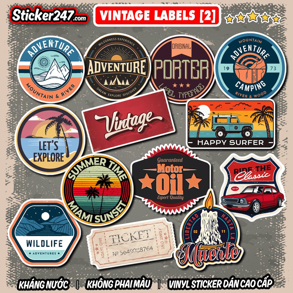 Sticker Vintage Labels [2] 🌈𝑭𝒓𝒆𝒆𝒔𝒉𝒊𝒑 chống nước, sticker dán laptop, điện thoại, đàn guitar, mũ bảo hiểm, vali, ipad