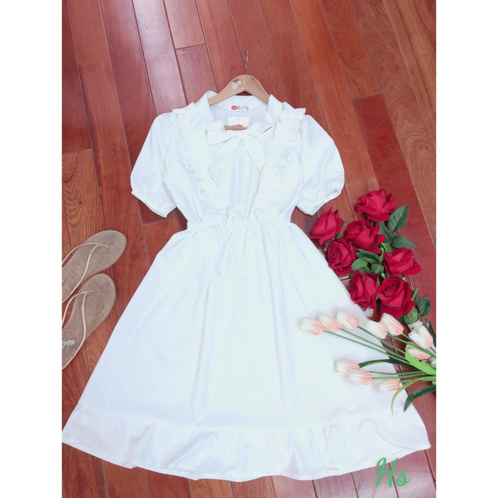 💃 Đầm Nữ Vai Bèo Cộc Tay Buộc Nơ. HANN's Closet.  Váy Trắng Chất Đũi Dáng Xòe Xinh Xinh Yêu Yêu | BigBuy360 - bigbuy360.vn