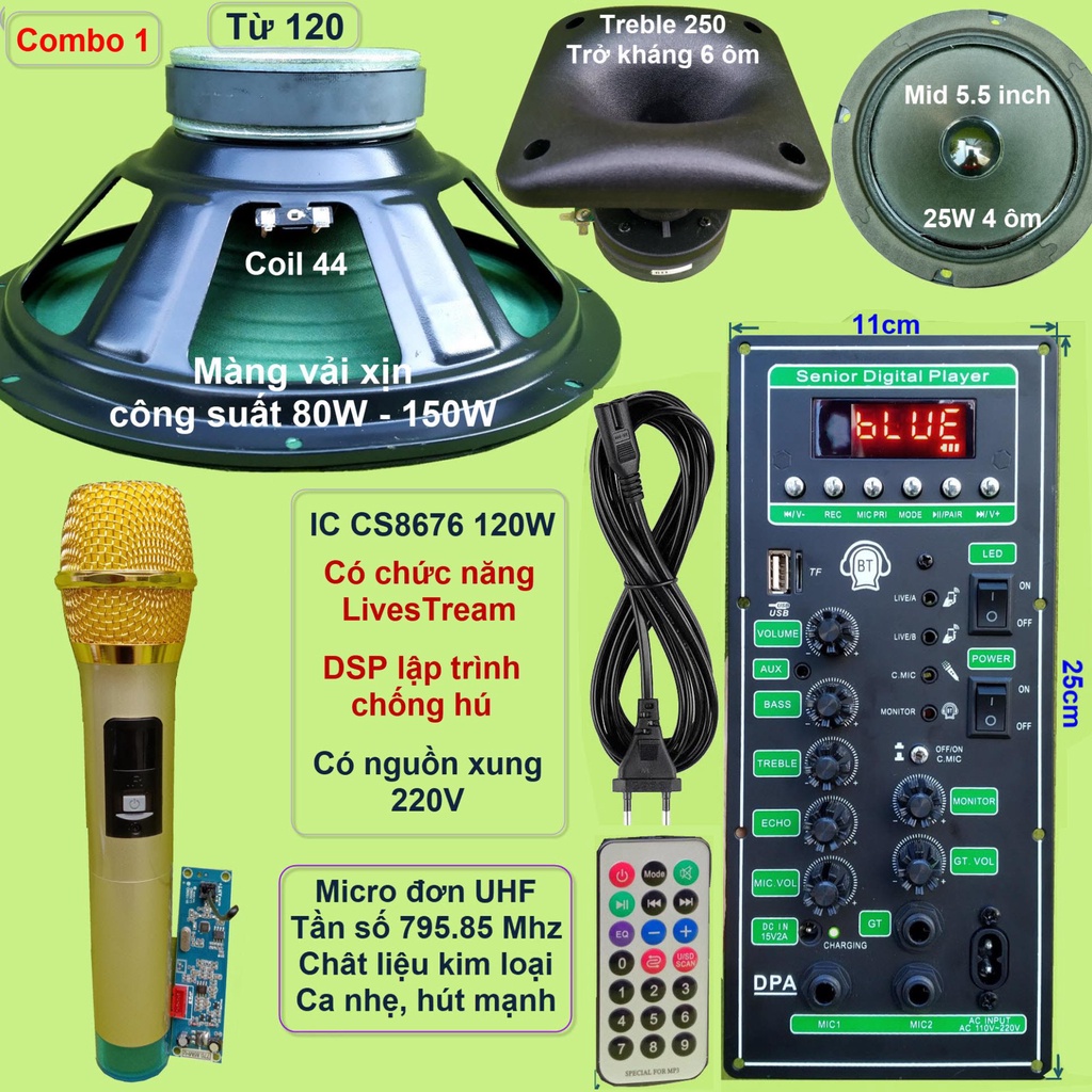 Mạch loa kéo 3 tấc đơn 3 đường tiếng LIVESTREAM DSP chống hú IC CS8676 120W nguồn xung 220V - kèm loa và micro đơn