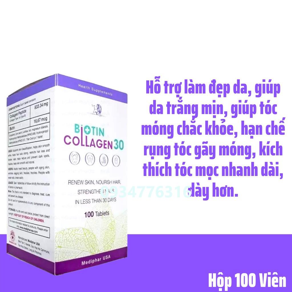 ✅ Biotin Collagen 30 - Viên uống đẹp da, hỗ trợ mọc tóc Mediphar USA sản xuất chuẩn GMP - Hộp 100 viên nén