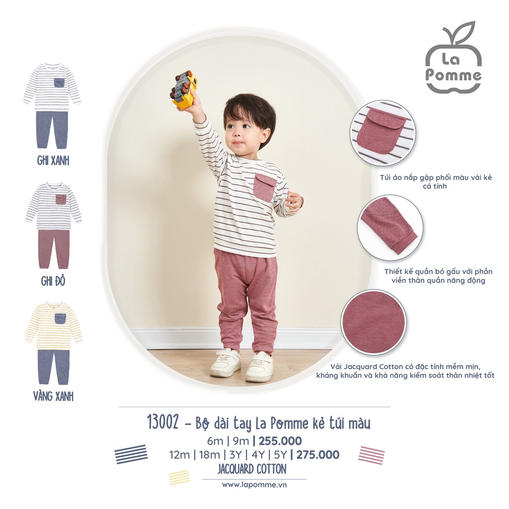 Bộ La Pomme dài tay Cotton cao cấp mềm mịn thoáng mát thấm hút tốt kẻ sọc ngang túi ngực cho bé trai bé gái 13002