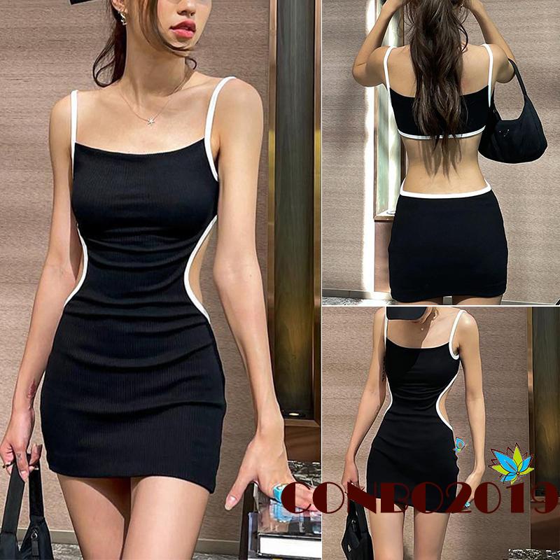 Đầm Ôm Hai Dây Hở Lưng Màu Sắc Tương Phản Dành Cho Nữ