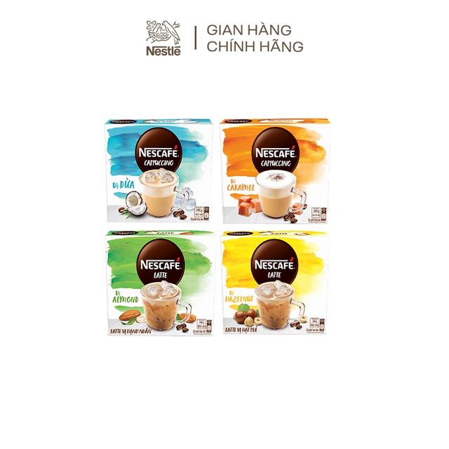 Combo 4 hộp Nescafé bao bì mới:Latte hạt phỉ+Latte hạnh nhân+Cappuccino caramel+Cappuccino dừa