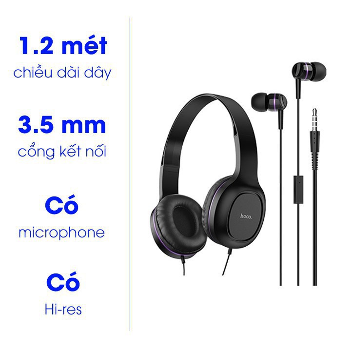 Combo Tai Nghe Hoco W24 - Gồm 1 Tai nghe Chụp Tai Có Dây và 1 Tai nghe Nhét Tai - Hàng Chính Hãng