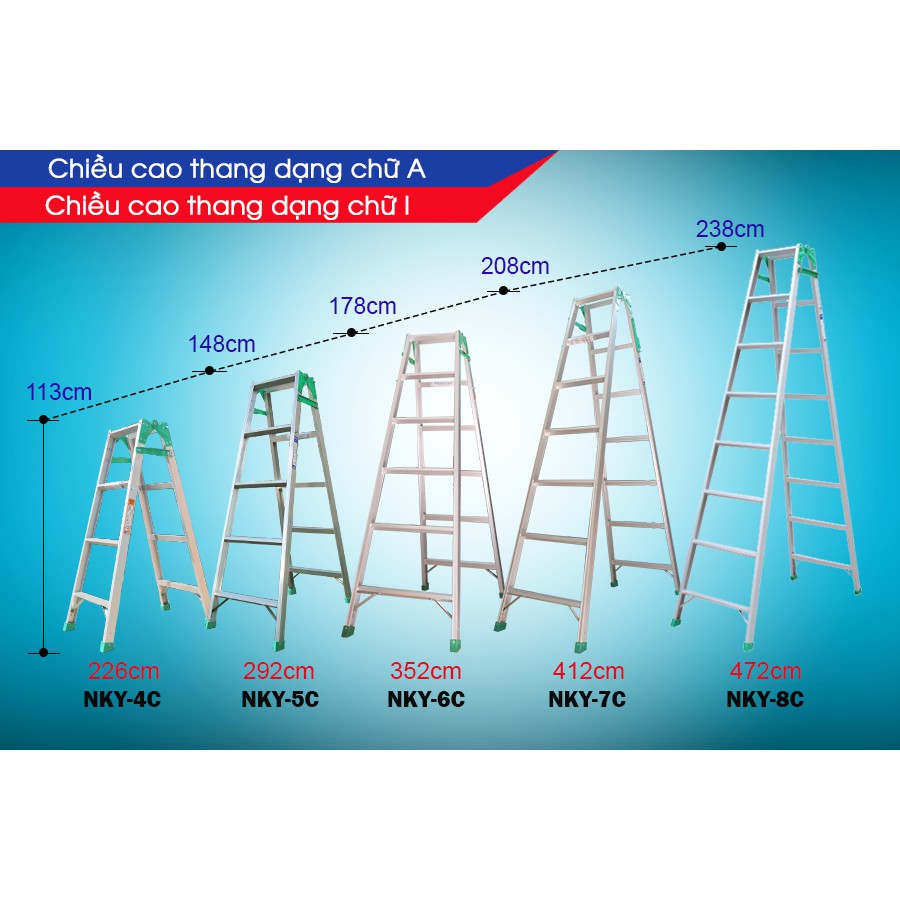 Thang nhôm gấp chữ A có thể dùng chữ I Nikawa NKY-6C - 6 bậc - nhập khẩu Nhật Bản - bảo hành 18 tháng