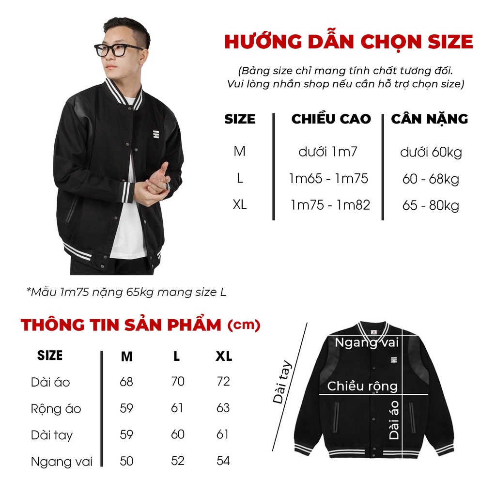 Áo khoác nam bomber Varsity vải kaki nút bấm có túi trong đựng đồ tay phối da HIDDLE (Trắng, Đen) | H05-AK2