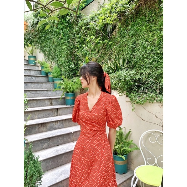 LIIN - Váy nữ dáng xòe, thiết kế chấm bi cam, chất liệu lựa thoáng mát | BigBuy360 - bigbuy360.vn