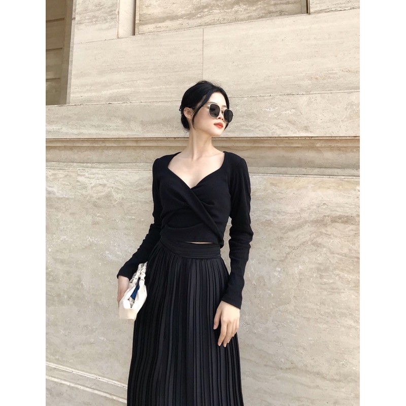 VELLE DESIGN Áo thun xoắn nơ Selena chất thun gân dày dặn