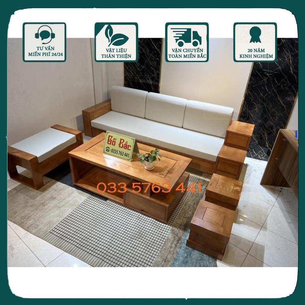 Sofa gỗ sồi nga 100% cho phòng khách hiện đại, phong cách sang trọng, kích thước ghế dài 2m3 kèm bàn trà và 1 đôn diđộng