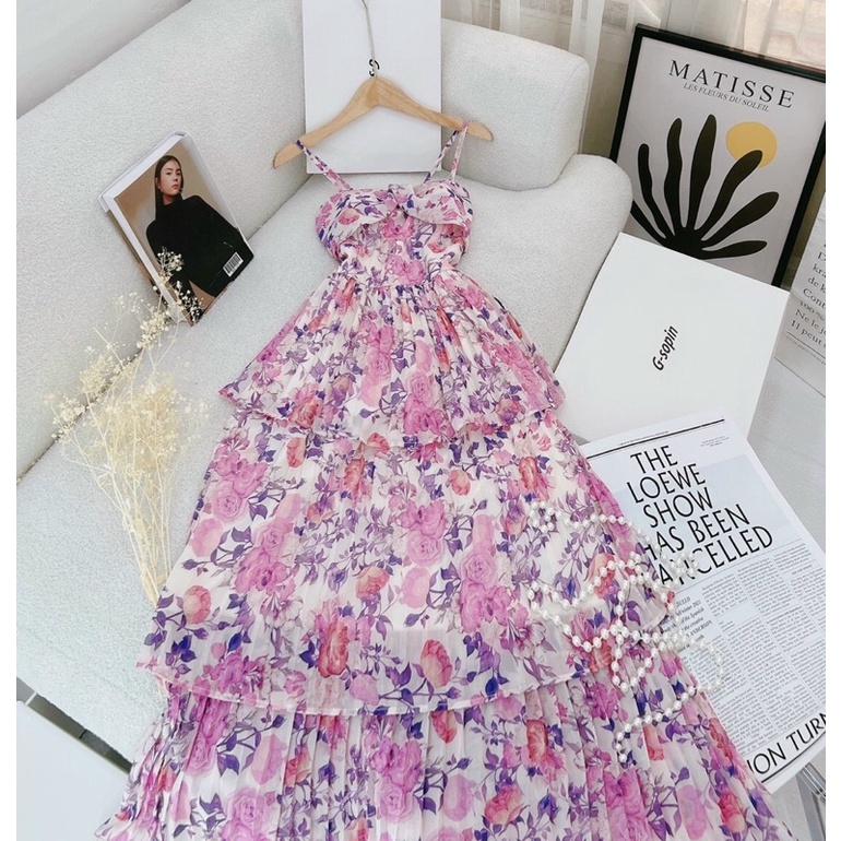 Đầm maxi hoa hai dây dập ly, váy maxi di biển hai dây 3 màu sang