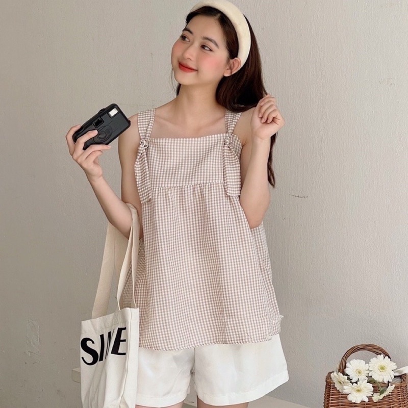 Set áo babydoll, Bộ đồ áo kẻ chất đũi xốp kèm quần short trắng