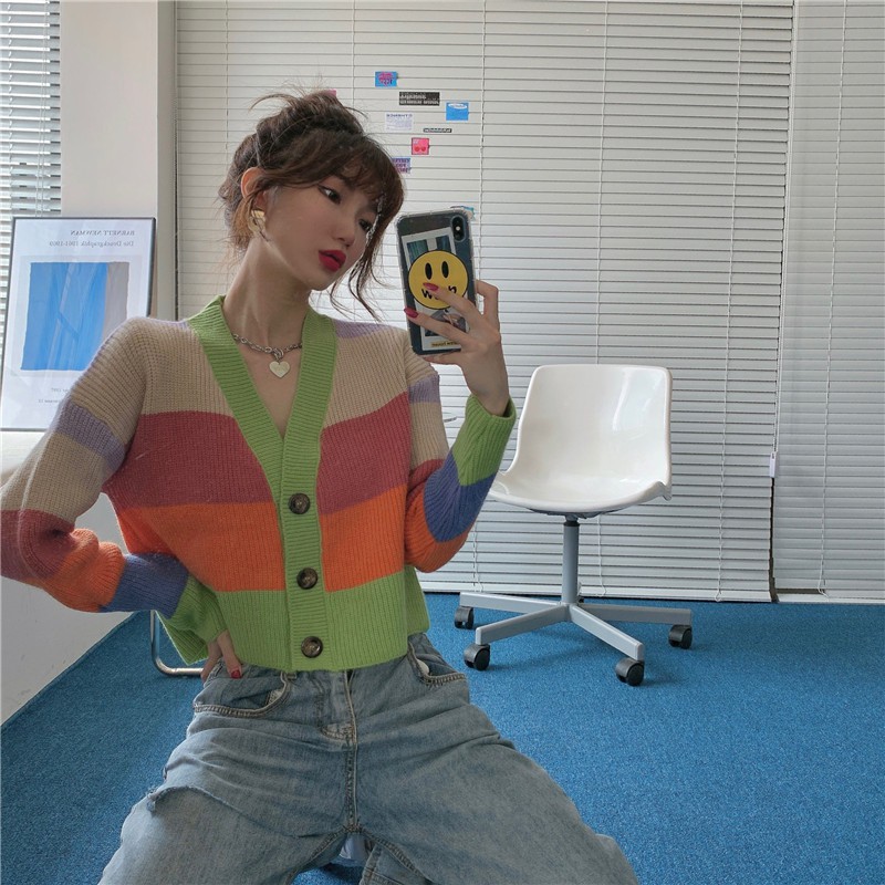 Áo Cardigan Dệt Kim Dáng Rộng Kẻ Sọc Cầu Vồng Xinh Xắn Cho Nữ