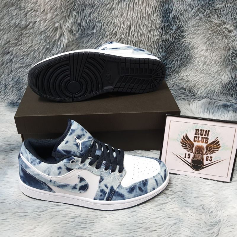 [Ảnh thật] giầy thể thao Jordan 1 low washed denim vải bò thời trang