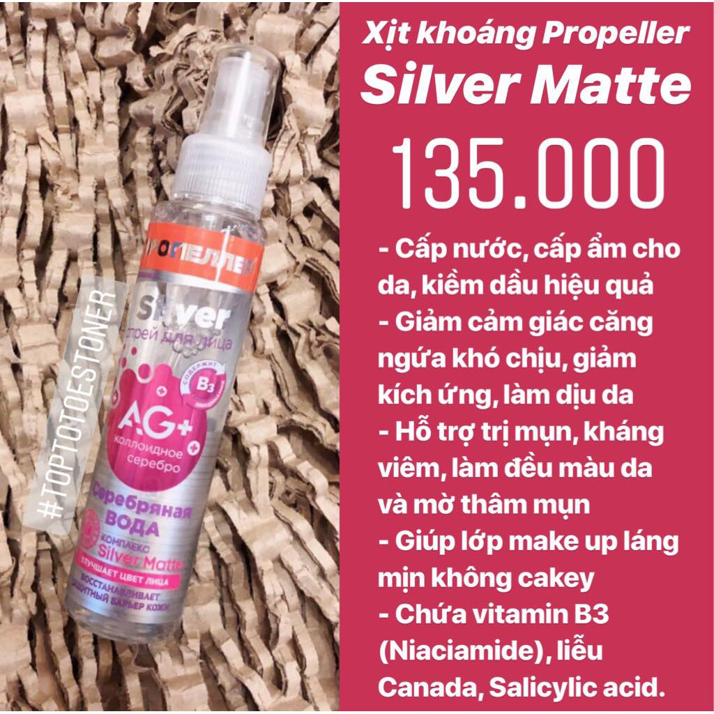 Xịt Khoáng Propeller Silver Matte cấp nước, kiềm dầu, giảm mụn, viêm, hỗ trợ làm đều màu da và mờ thâm mụn