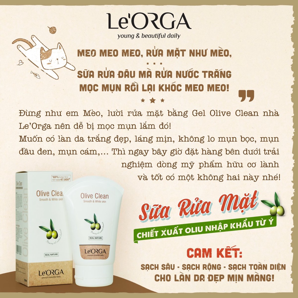 Sữa Rửa Mặt Le'Orga Quả Oliu - Gel làm Sạch Sâu Mềm Mịn, Cho Da Dầu, Mụn, Khô, Hỗn Hợp | BigBuy360 - bigbuy360.vn