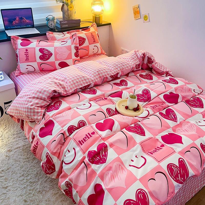 Bộ Drap & Chăn Phao Cotton Poly Mặt Cười Hồng