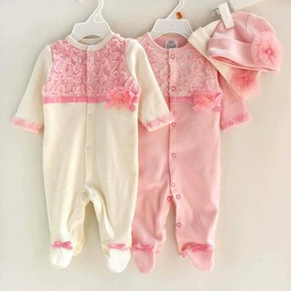 Bộ bé gái - body dài liền tất kèm mũ đính hoa cho bé