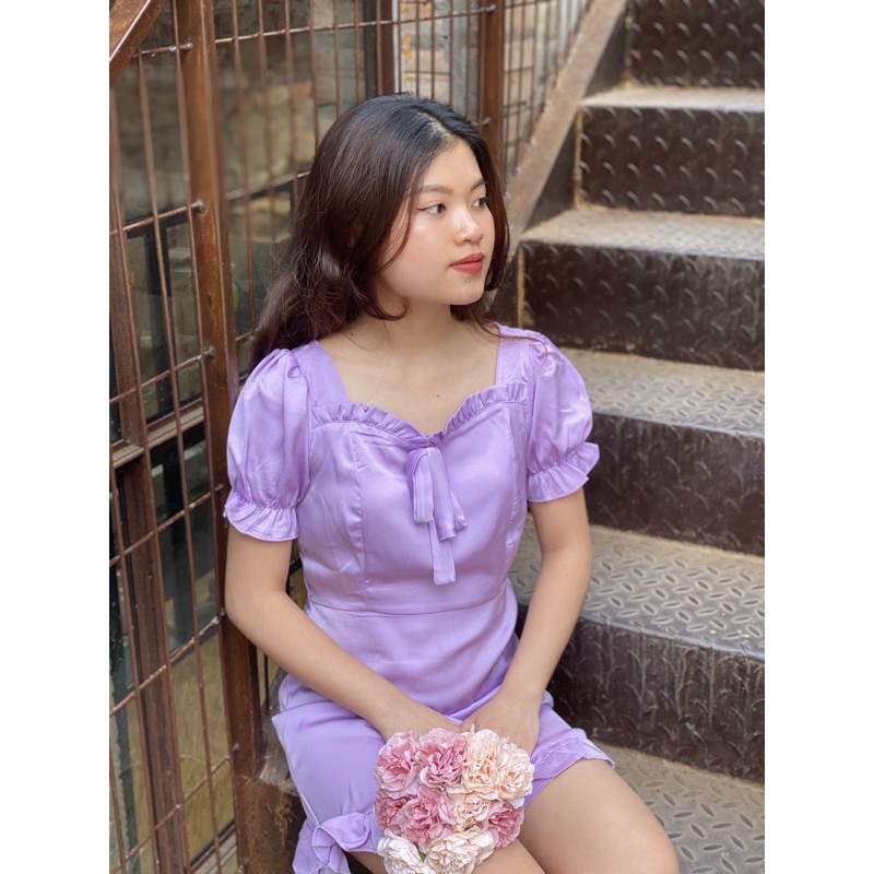 Váy nữ cổ vuông ôm ngực cổ thắt nơ, dáng váy ôm chữ A ngắn tay điểm nhấn viền thắt nơ nổi bật-VN05 | BigBuy360 - bigbuy360.vn