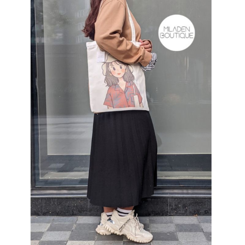 Túi vải,Túi Tote Canvas MILADEN Thiết Kế Girl Đội Nón Miladen.