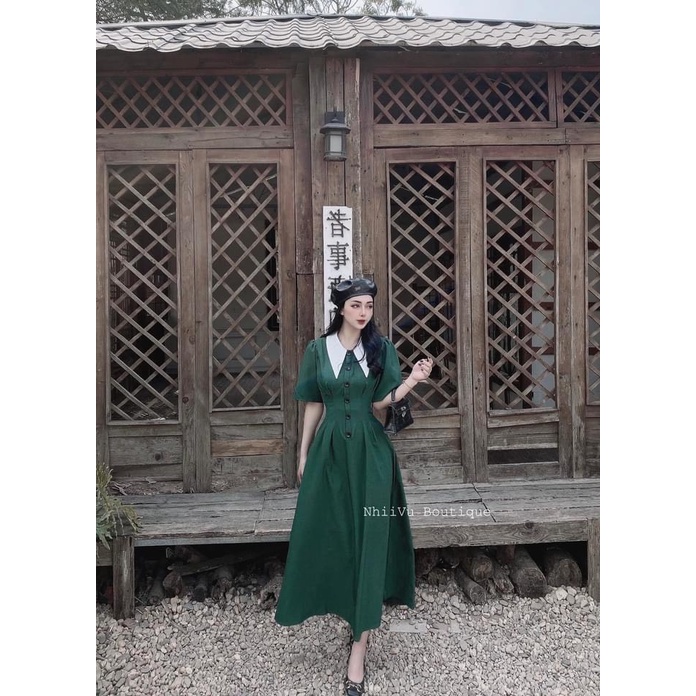 Đầm midi dài 2 màu phôí cổ trắng chất thô mềm ít nhăn