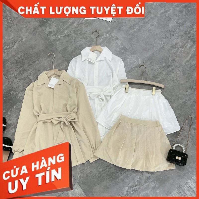 Sét Sơ Mi Dấu Quần Mix Chân Váy Xếp Ly [ 𝐅𝐑𝐄𝐄 𝐒𝐇𝐈𝐏 ] + Kèm Dây Thắt Eo . Chất Đũi Xước Quảng Châu Mềm Mại  ạ
