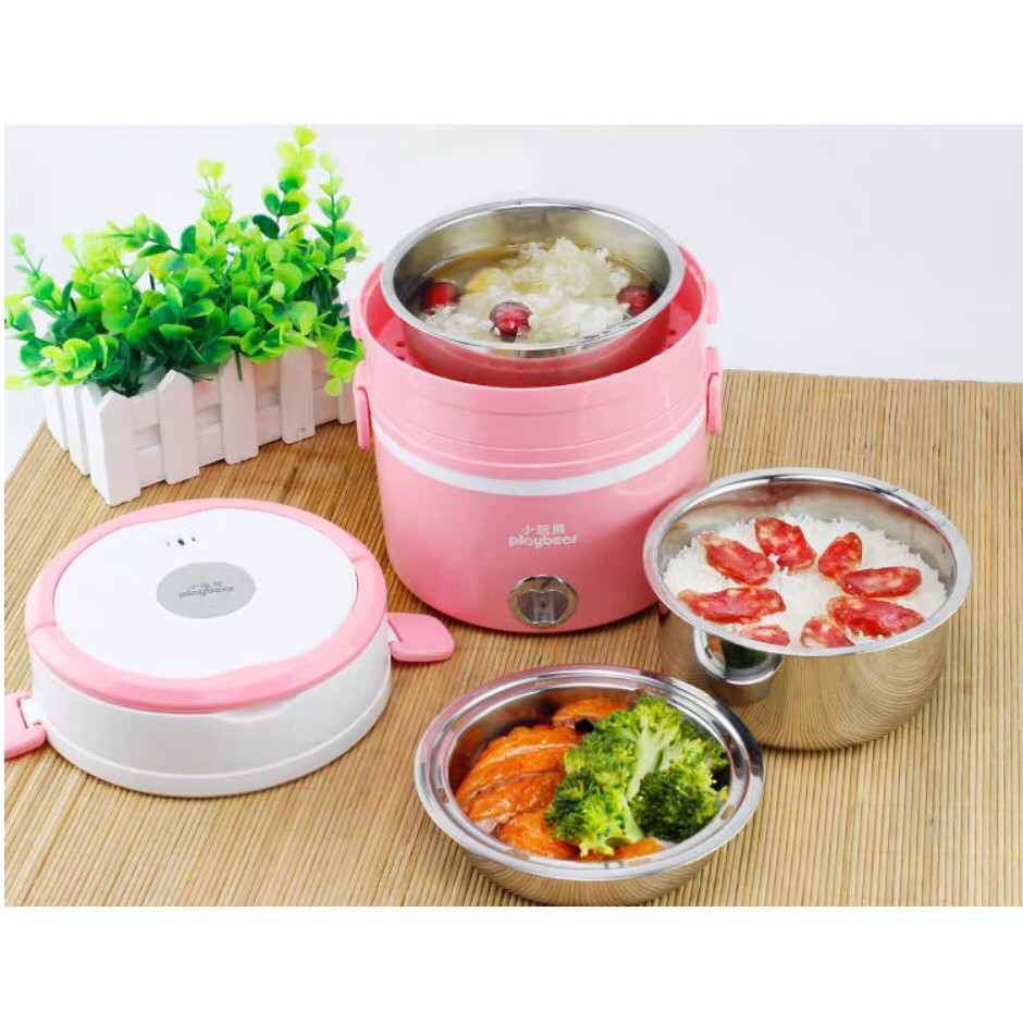 Hộp Cơm Cắm Điện Hâm Nóng Inox Cao Cấp 3 Tầng Đa Năng Làm Nóng Nhanh An Toàn Chính Hãng Play Bear [Tặng Túi]